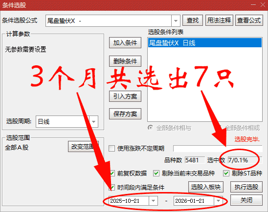 通达信【尾盘蛰伏】主副图选股 缩量回调双阶段末期的静默启动信号