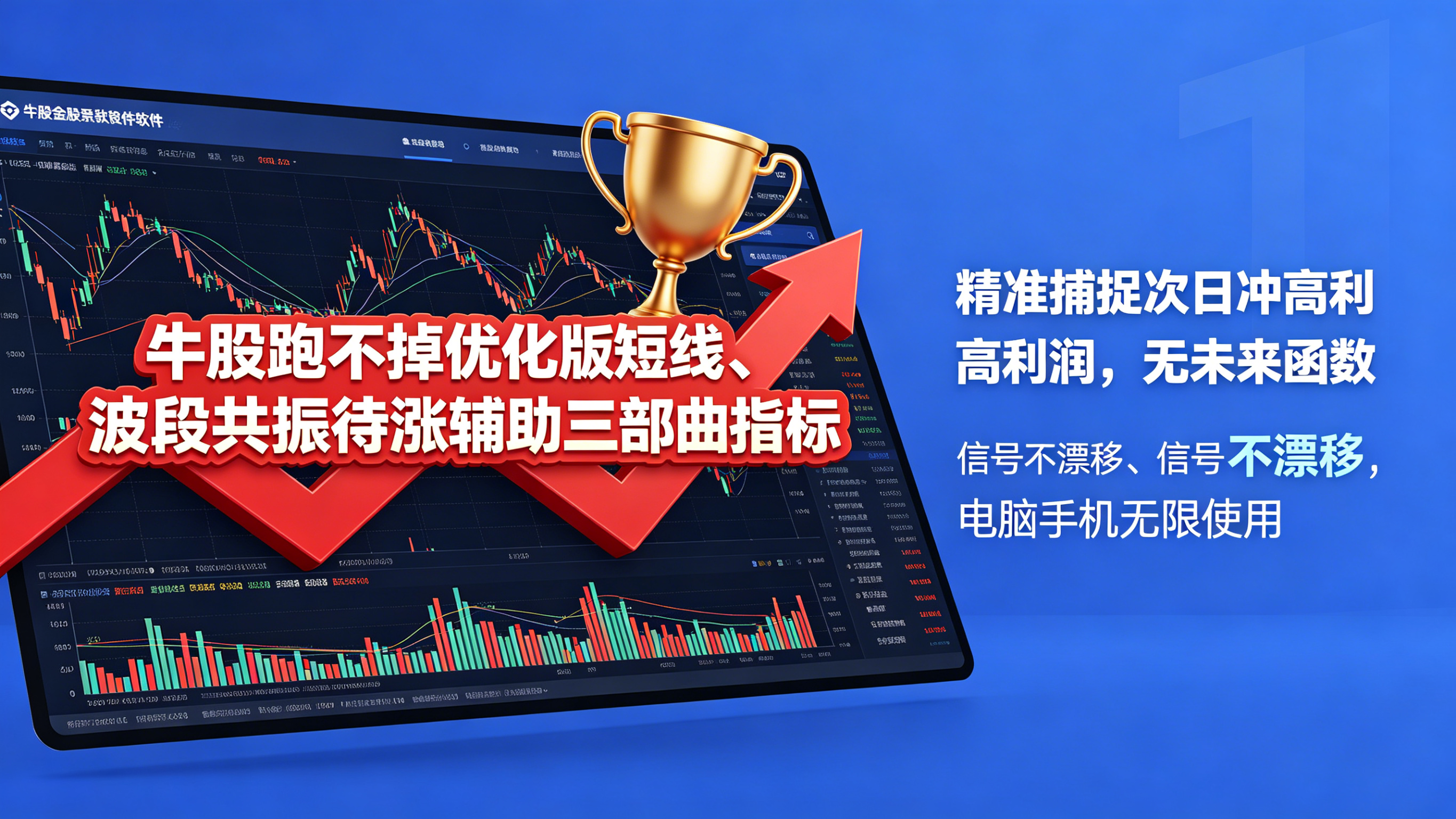 【牛股跑不掉】优化版短线、波段共振待涨辅助三部曲指标